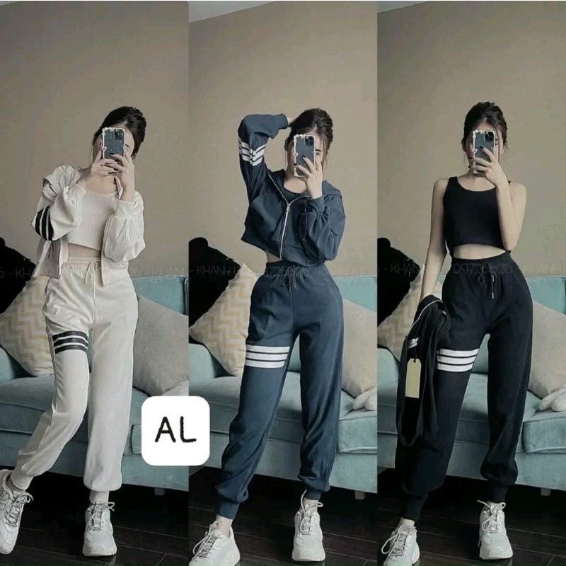 Set Bộ Thể Thao Nữ 3 Món THOME Áo Khoác Có Mũ Kèm Áo Ba Lỗ Croptop Mix Quần Boom Gấu Freesize