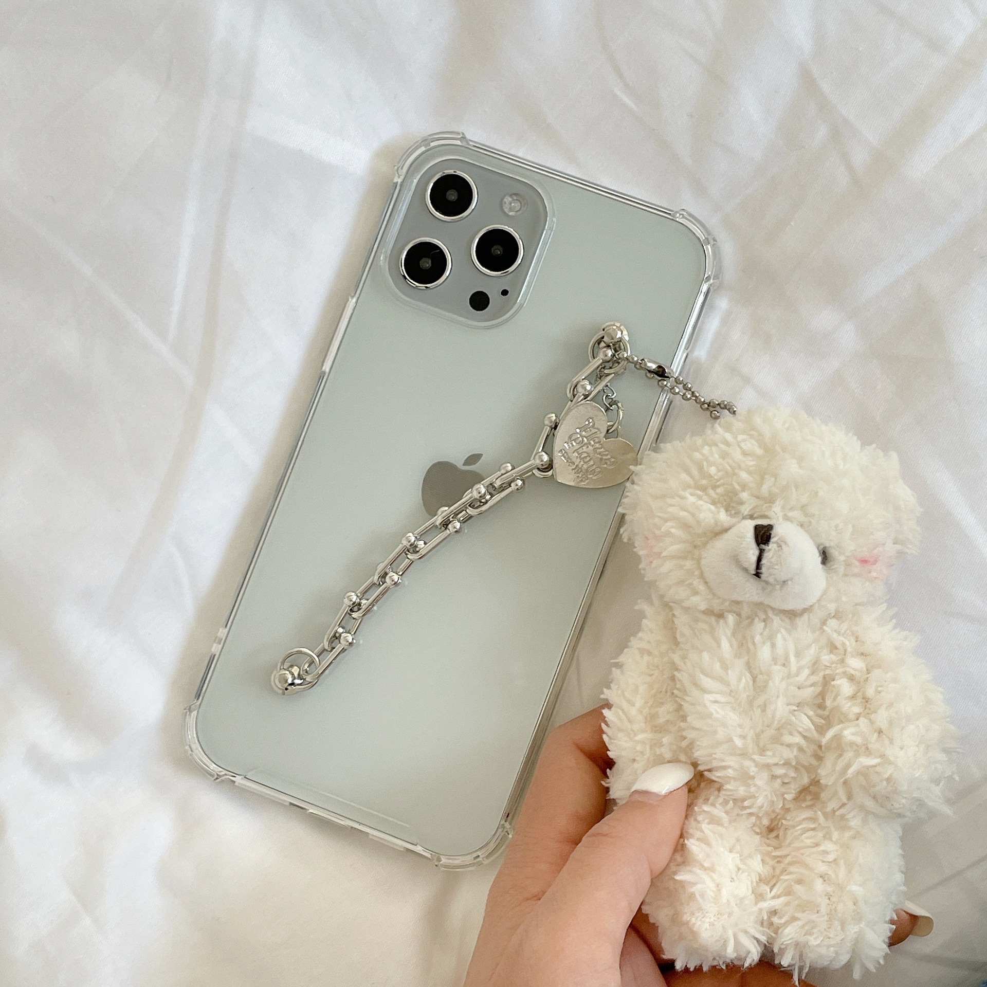 Ốp điện thoại mặt kính trang trí gấu và dây xích cho iPhone 12 11 Promax Xs 11/12 Pro Max/8 Plus/12 Mini/7/8/X/XR/XsMax | BigBuy360 - bigbuy360.vn