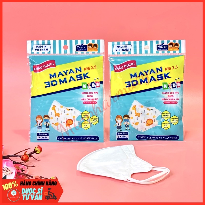Khẩu Trang MAYAN 3D PM2.5 Kids++ cho trẻ em màu trắng/ hoạt hình  - Minpharmacy