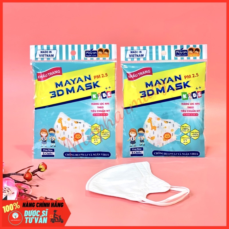 Khẩu Trang MAYAN 3D PM2.5 Kids++ cho trẻ em màu trắng/ hoạt hình (túi 5 cái) - Minpharmacy