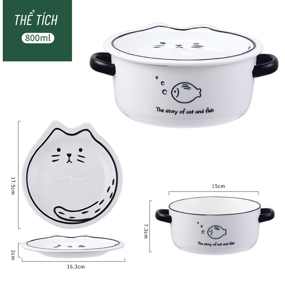 Tô mì có nắp, bát mì ramen gốm sứ hình con mèo PUSHEEN – phong cách Nhật Bản, tô canh sứ cao cấp nhập khẩu