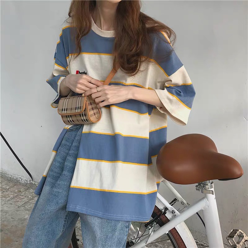 Áo thun Ulzzang BERGA KẺ NGANG XẺ TÀ tay lỡ