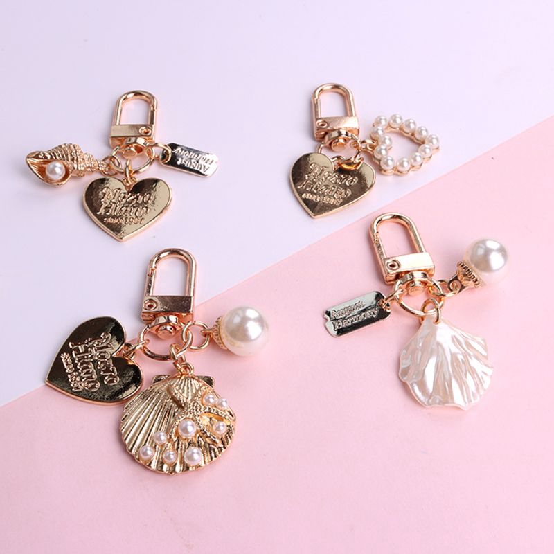 cozy* 4Pcs Love Letter Shell Conch Pearl Metal Golden Keychain Kit Bag Charm Jewelry