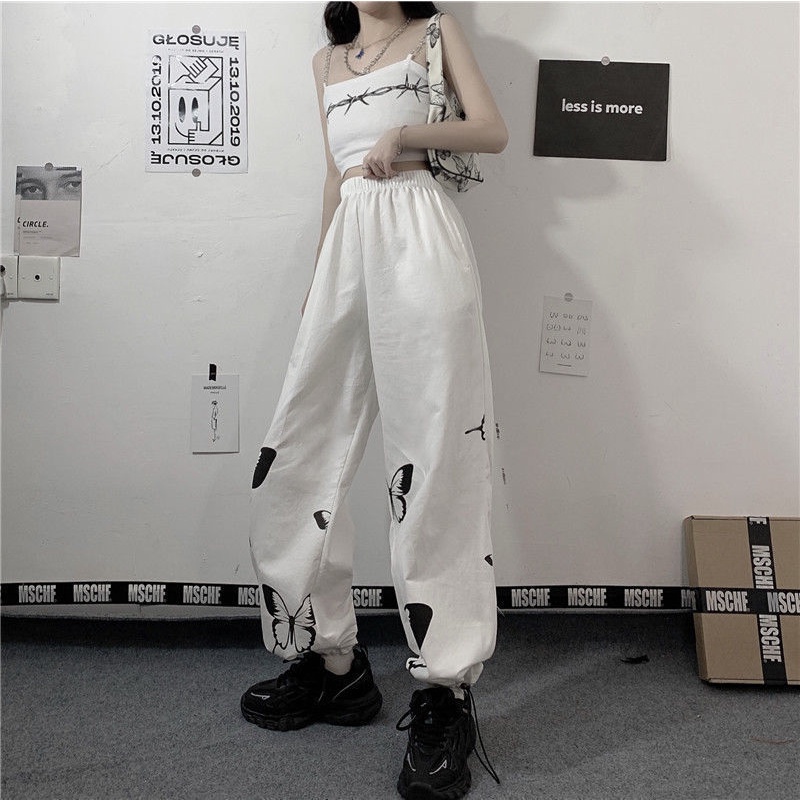 Happy-store ❤️ quần jogger nữ Bươm bướm In Họa trắng Tiết Hoạt Hình Cá Tính Phong Cách Hiphop