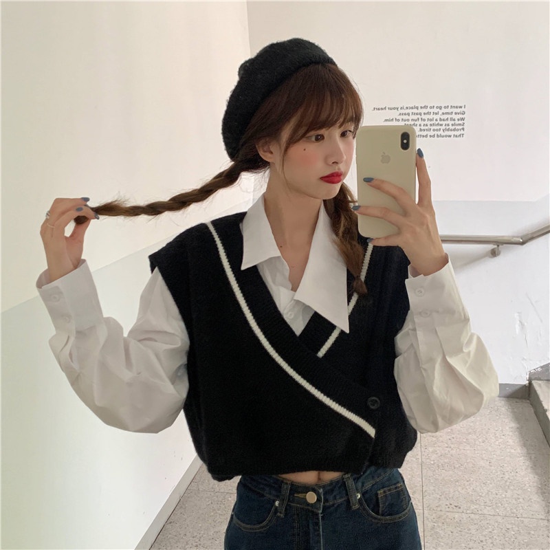 Áo Len Không Tay Cổ Chữ V Dáng Rộng Phong Cách Hàn Quốc Thời Trang