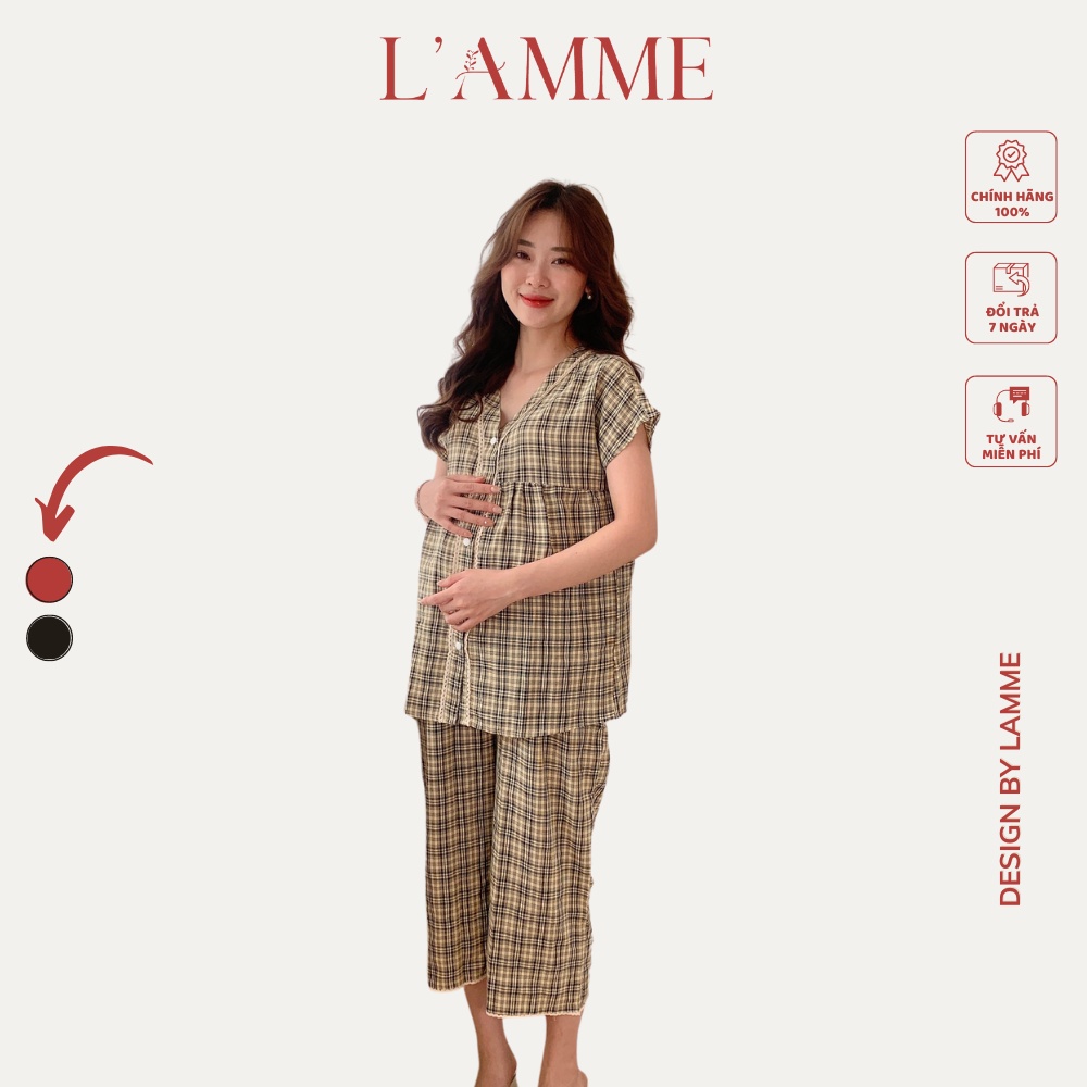 Bộ đồ mặc nhà BL01 họa tiết caro cùng chất kate Hàn, quần có chun rút điều chỉnh bụng by LAMME