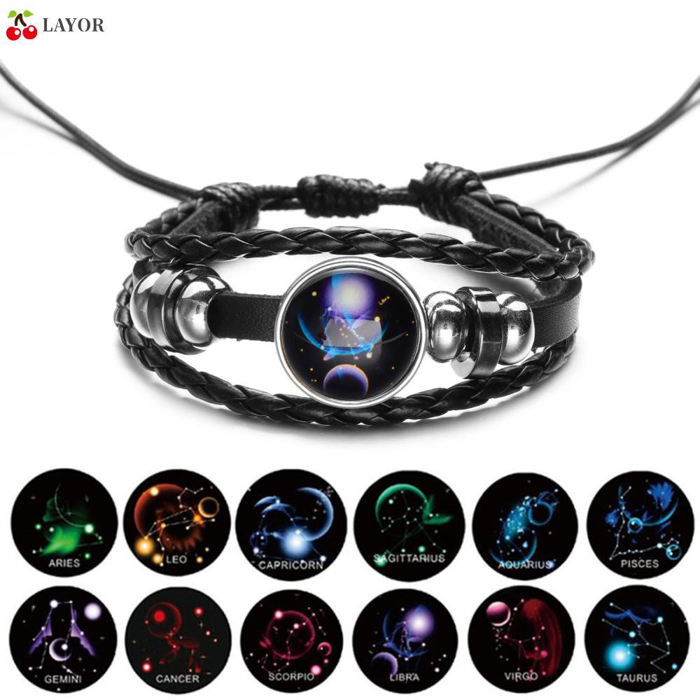 Vòng Tay Da Bện Thủ Công Họa Tiết 12 Cung Hoàng Đạo Phát Sáng Thời Trang Unisex