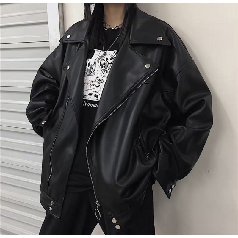 Áo khoác da biker jacket kéo chéo form rộng unisex Nam Nữ