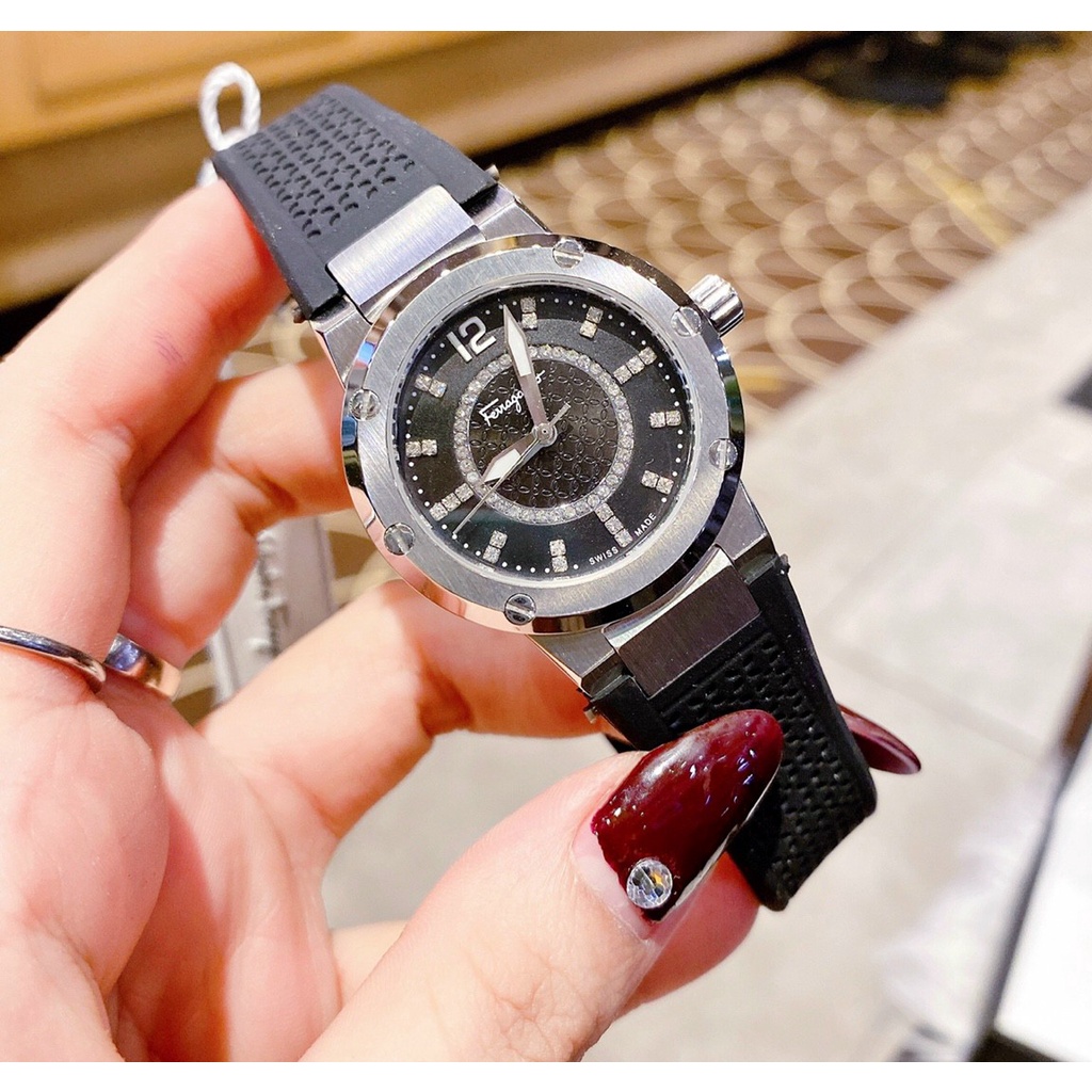 Bảo Hành 12 Tháng Đồng Hồ Cặp Đôi Nam Nữ Ferragamo F80 Dây Da Cao Su Màu Đen - Size 41mm - 33mm - Máy Quartz