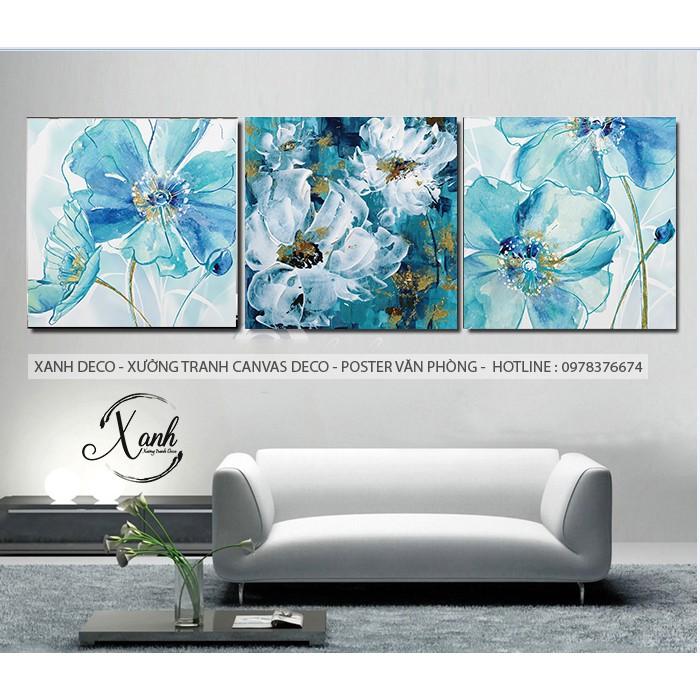 Bộ 3 tranh canvas hoa xanh hiện đại trang trí nhà cửa TCVH93