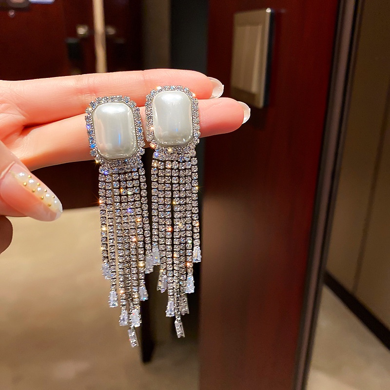 Bông Tai Bạc 925 Dáng Dài Đính Kim Cương Lấp Lánh Phong Cách Hàn Quốc Mới