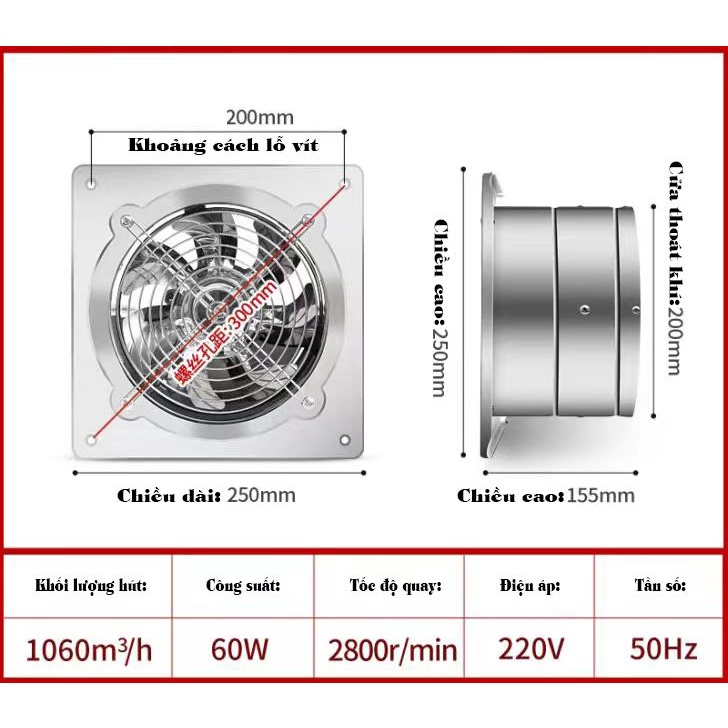 Quạt Hút Gió Quạt Thông Gió, Hút Mùi Nhà Bếp , Nhà tắm , Nhà vệ sinh Cánh Và Vỏ Inox Dây Đồng 100%