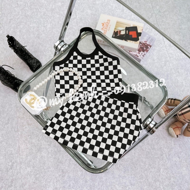 set áo yếm cảro + chân váy chữ A caro cho bé gái (8-22kg)