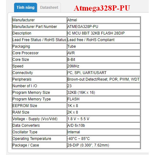 Chíp atmega 32 (atmega 32A-PU hoặc atmega 328P-PU)