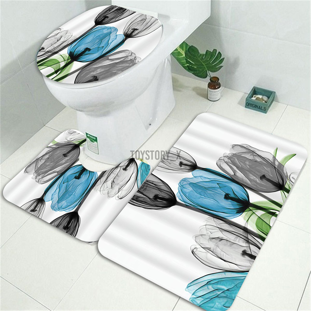 Bathroom Shower Curtain Tulip Floral Anti-slip Rug Toilet Cover Mat Home Sets