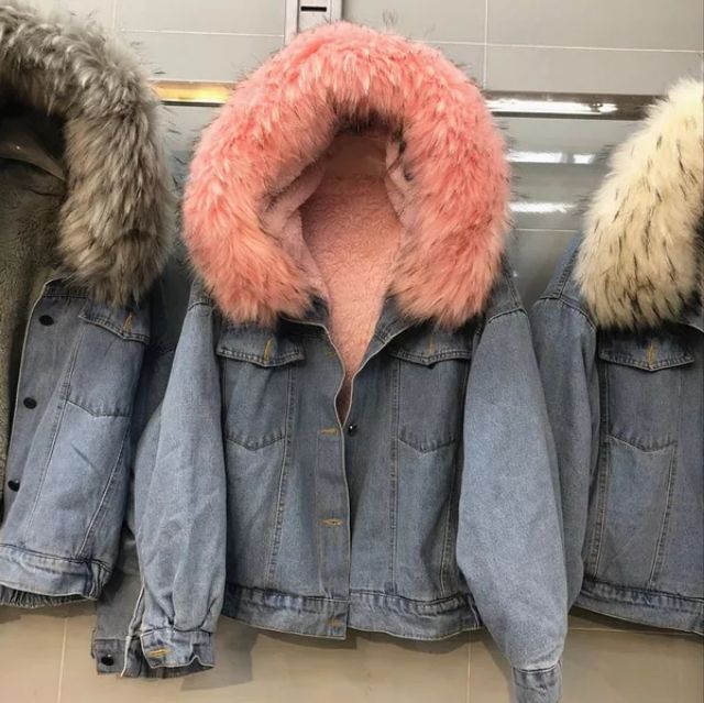 Áo khoác jeans lót lông mũ lông