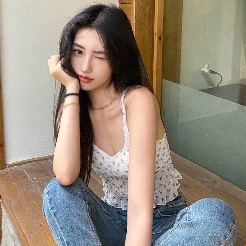 Áo Hai Dây Hở Lưng Có Mút Đệm Ngực Phối Ren Hoa Nữ Tính