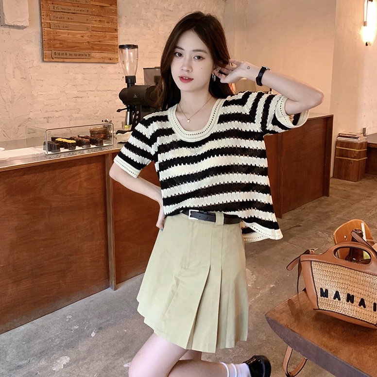 Áo Thun Dệt Kim Tay Ngắn Dáng Rộng Họa Tiết Kẻ Sọc Thời Trang Trẻ Trung