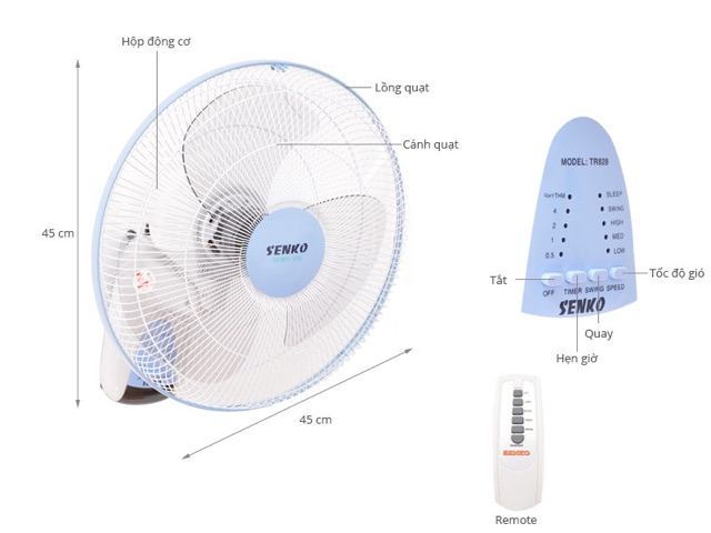 Combo 2 bộ quạt treo tường Senko TR1628 remote khiển từ xa