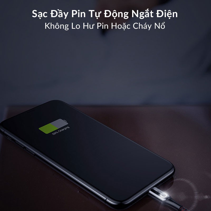 Dây sạc IPHONE TỰ NGẮT CHÍNH HÃNG BASEUS C SHAPE LIGHT LV345 DÂY DÙ 1M CHỐNG ĐỨT SẠC NHANH 2.4A