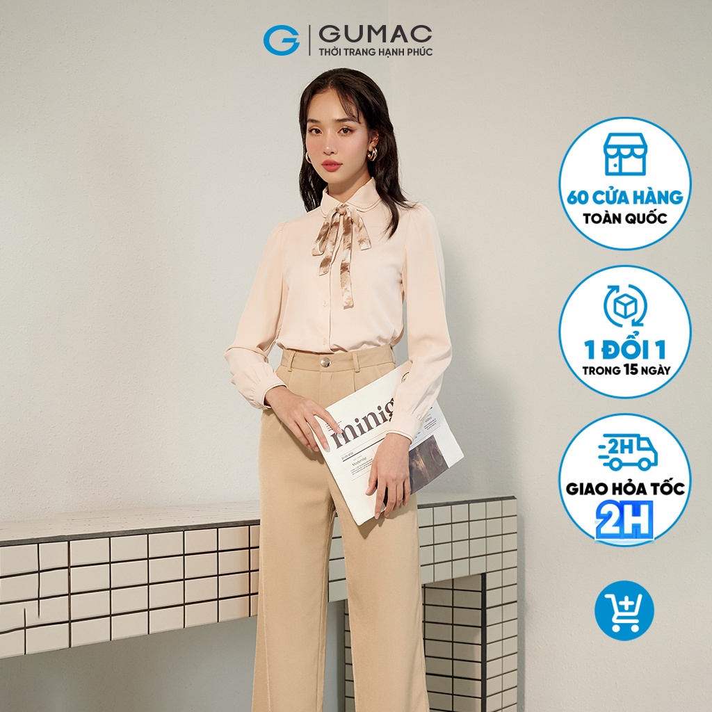 Áo sơ mi nữ GUMAC phối nơ cách điệu vải lụa nhật tay dài AC07025