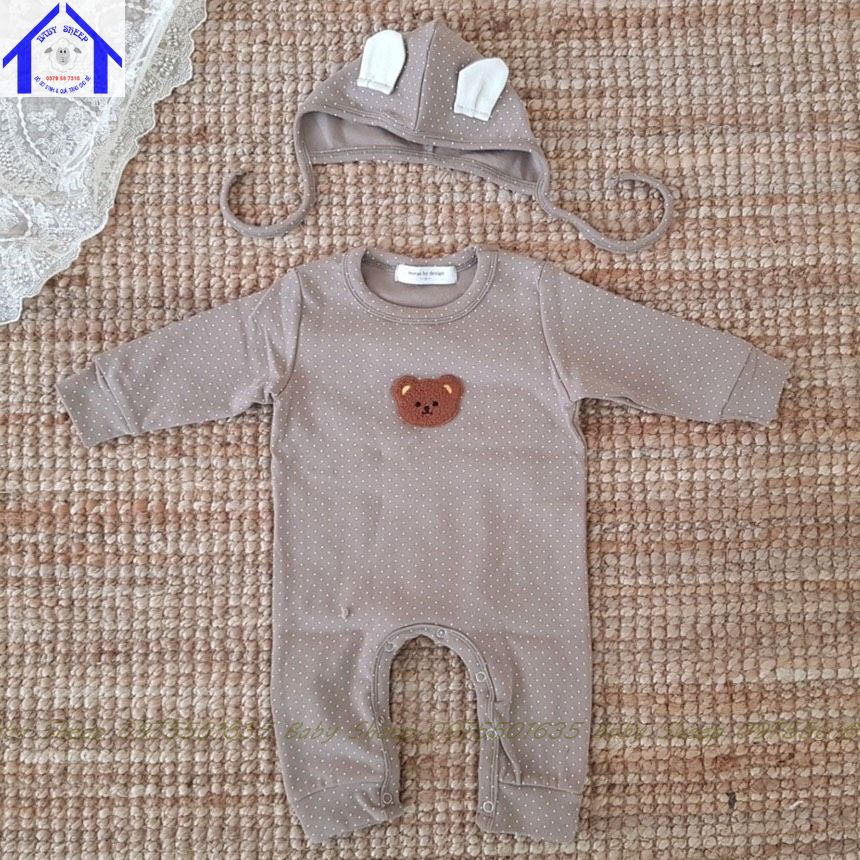 Bộ Áo Liền Quần Kèm Mũ Gấu Len ngực Phong Cách Hàn Quốc Xinh Xắn Dành Cho Bé 0-3 tuổi