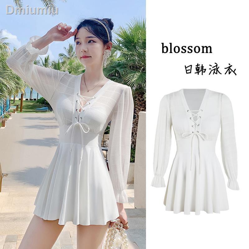 ●◄♨Phụ nữ suối nước nóng che bụng để lộ áo tắm một mảnh màu trắng dài tay kiểu cổ tích của người hâm mộ váy mỏng | BigBuy360 - bigbuy360.vn