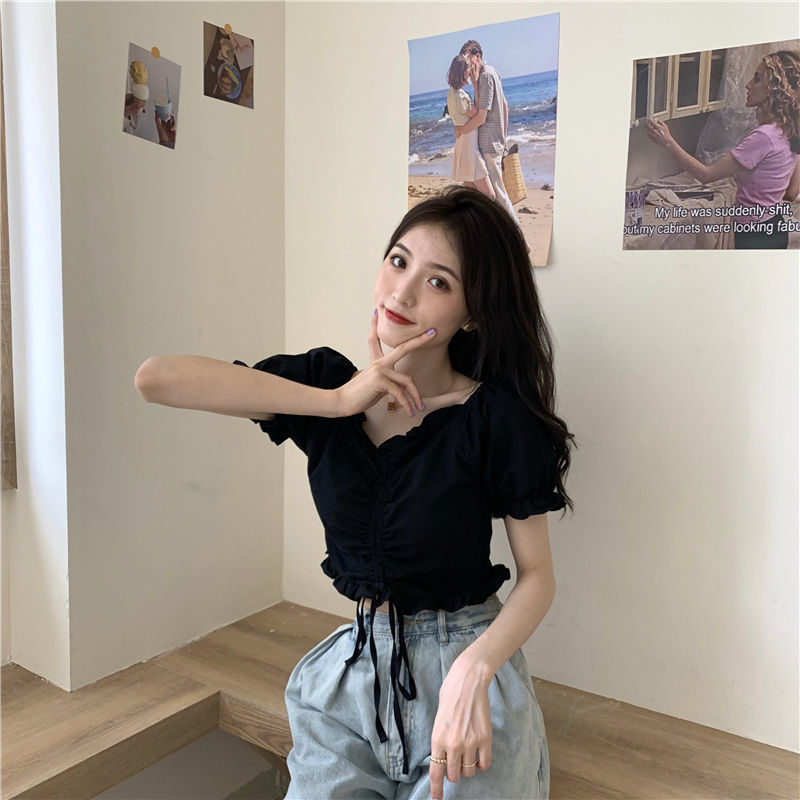 Áo croptop tay phồng cổ chữ V phối dây rút thời trang cho nữ