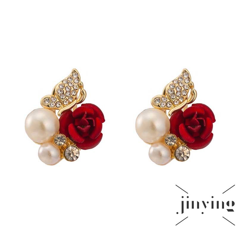 GETNOIVAS Bông tai đính hoa hồng đỏ và ngọc trai thời trang mới dành cho nữ