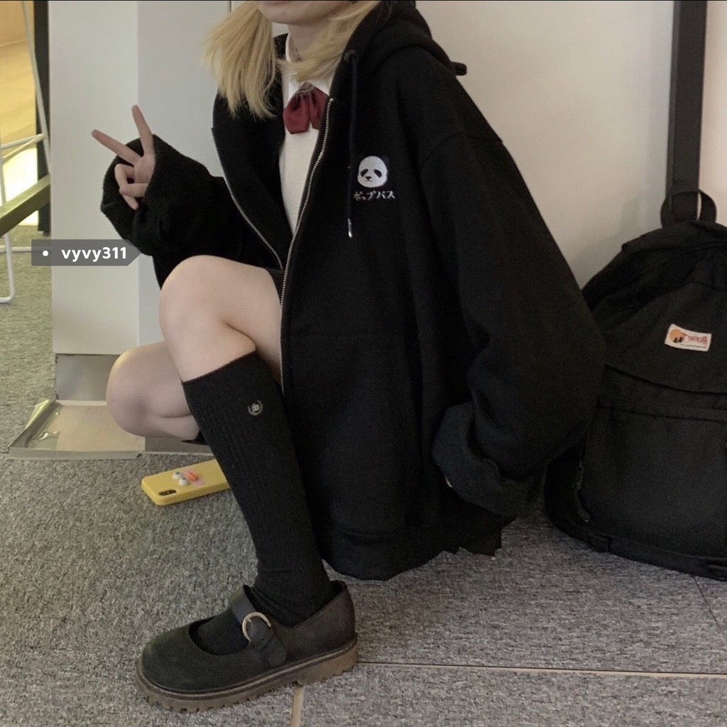 Áo khoác tai thỏ form rộng mũ 2 lớp hình gấu trúc dễ thương