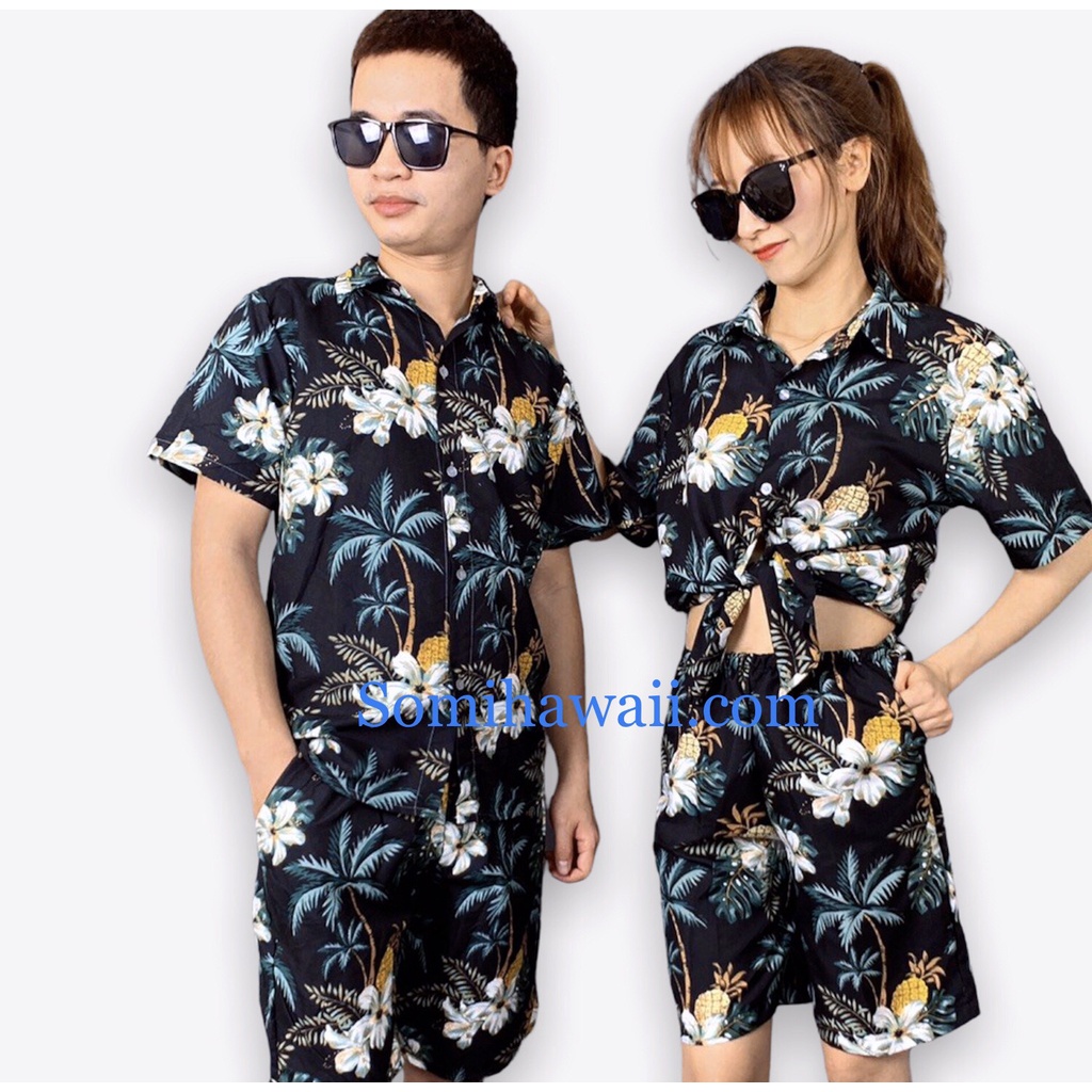 45kg-100kg Set Đồ Bộ Hawaii Họa Tiết Thơm Dừa Mùa Hè