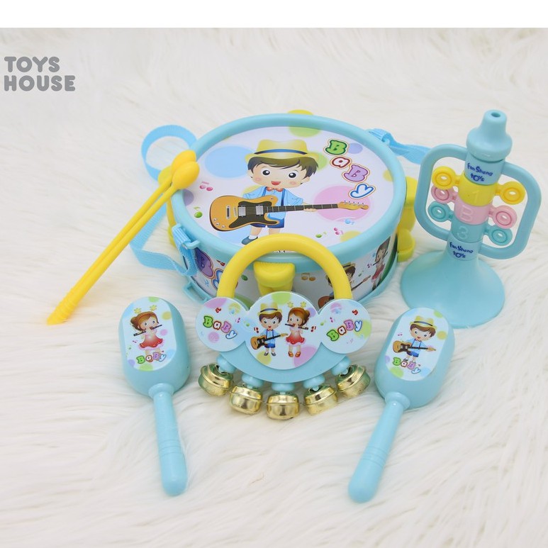 Set đồ chơi Xúc xắc, lục lạc, kèn, trống Toyshouse dành cho bé từ sơ sinh 733 - giúp bé phát triển thị giác, thính giác