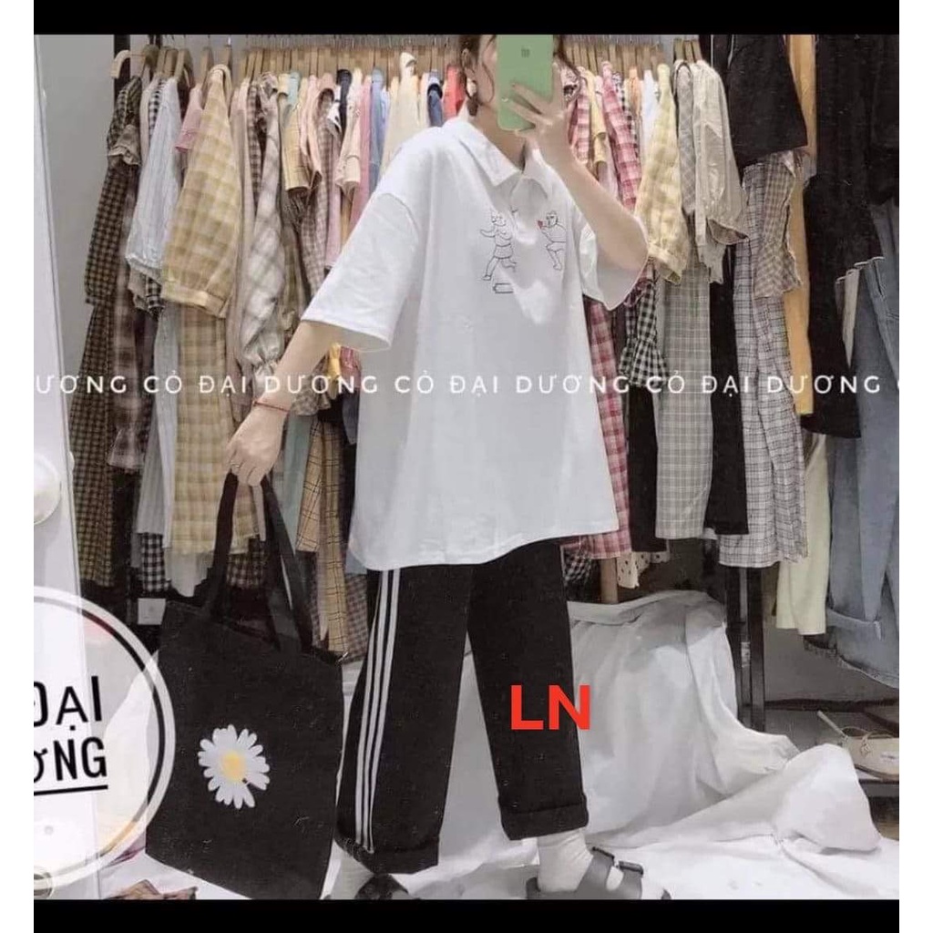 Set đồ bộ áo Polo mèo đẩy tim form thụng tay lỡ + quần 3 sọc ống rộng mặc đi chơi đi học đẹp