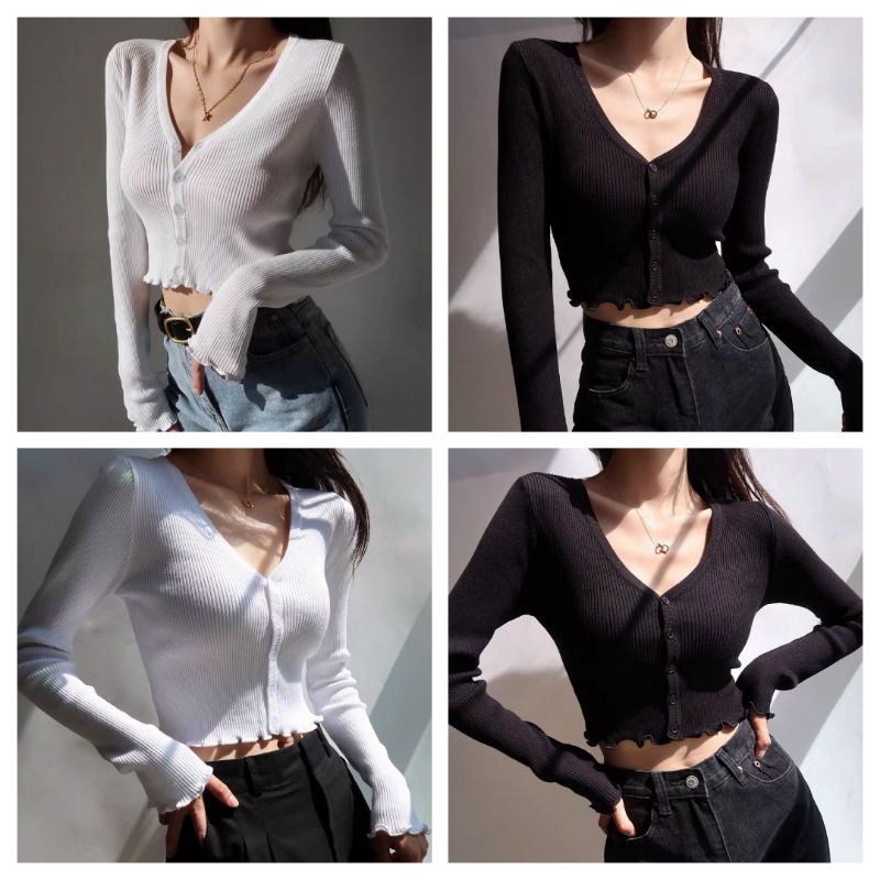 Áo len khuy cổ tim croptop hàng QC