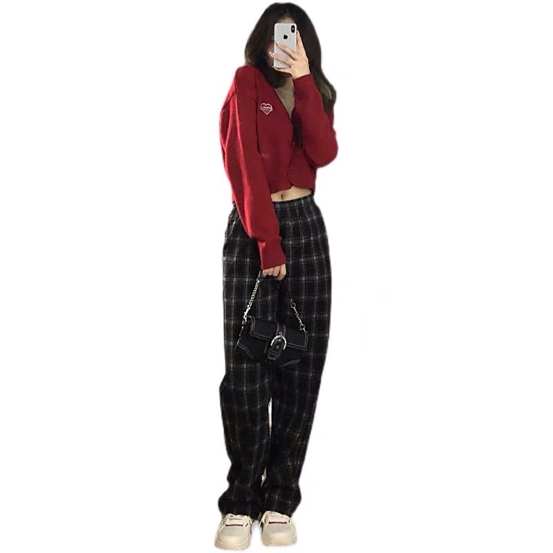 Áo Cardigan nữ và quần ống suông Ullzang caro lưng cao dáng dài.