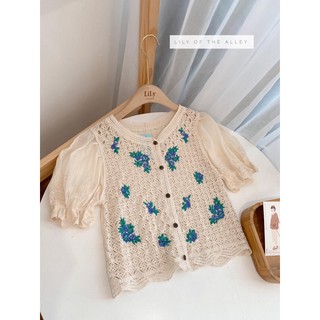 Áo lưới cộc tay thêu hoa tím