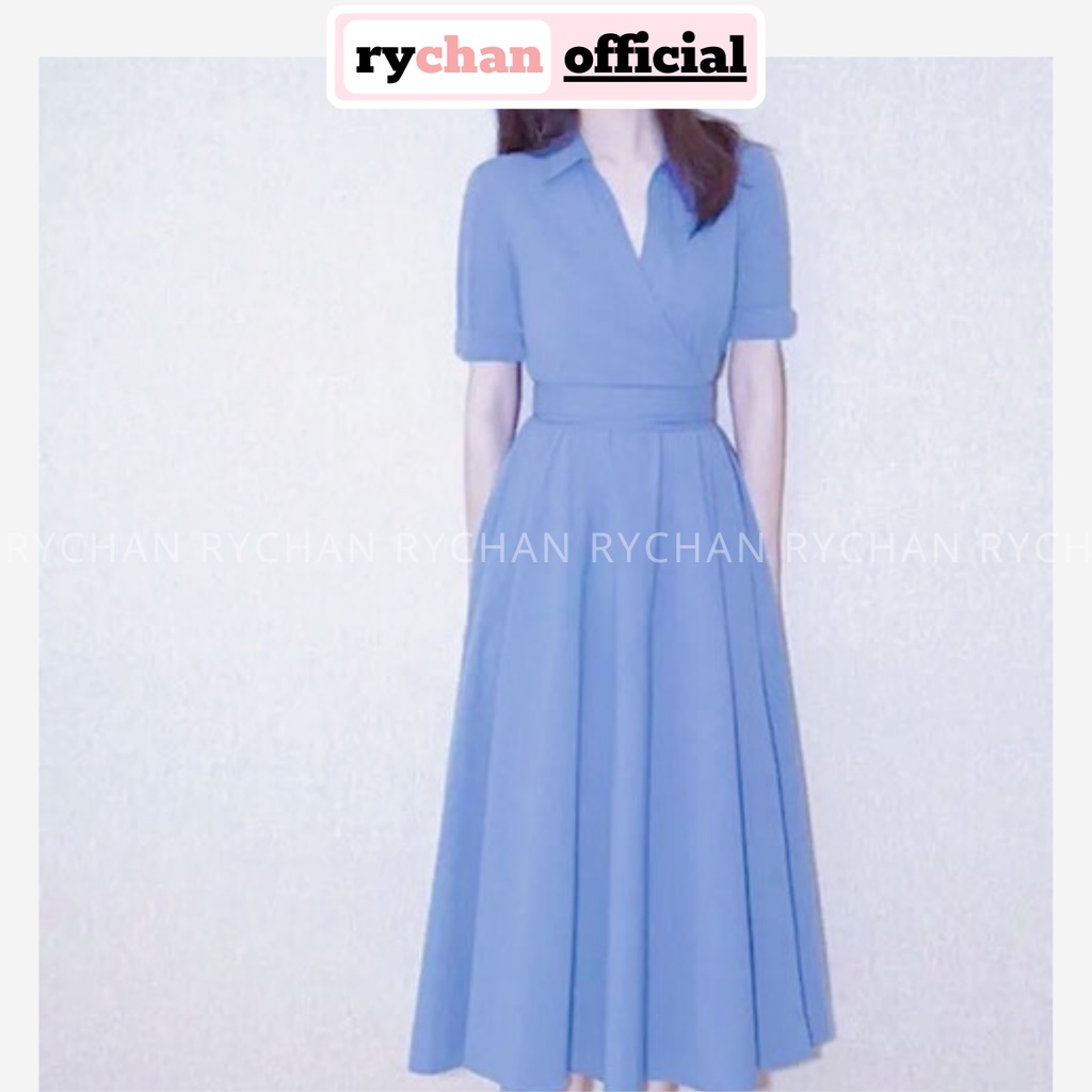 Đầm Thiết Kế Nữ Công Sở Form Dài Cổ Bẻ Thắt Eo Thanh Lịch Nhẹ Nhàng Màu Xanh  - DX9917