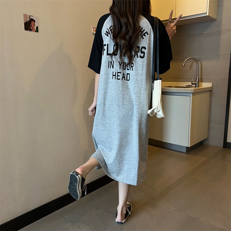 Đầm Thun Tay Ngắn In Chữ Phong Cách Hàn Quốc 185247 Váy Dài Quá Gối Thời Trang Mùa Hè Dễ Phối Đồ