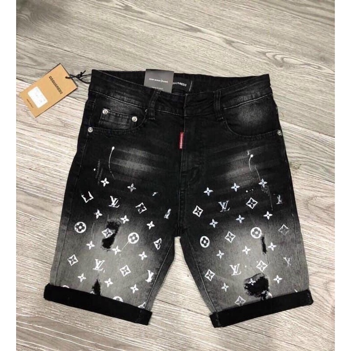 Quần short jean nam đen rách in họa tiết chữ thiết kế trẻ trung phong cách chất vải jean dày co dãn