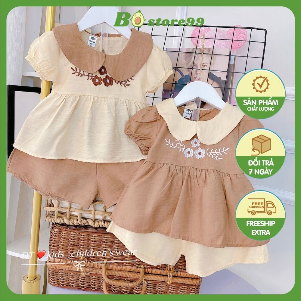 Set đũi tiểu thư cho bé gái, bộ váy quần hè thêu hoa xinh xắn mặc đi học đi chơi đều hợp