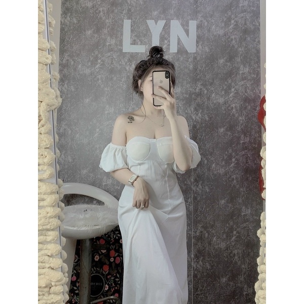 Đầm Xoè Cúp Ngực Dáng Dài Tay Ngắn Phồng Lụa Tuyết Dày Dặn