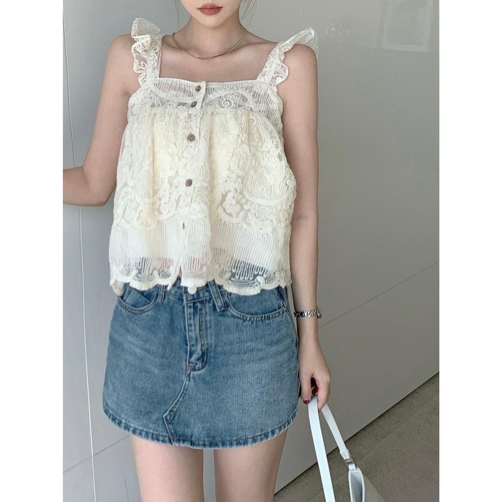 Mới Áo Croptop Sát Nách Cổ Vuông Phối Ren Dáng Rộng Thời Trang 2023 Cho Bạn Gái