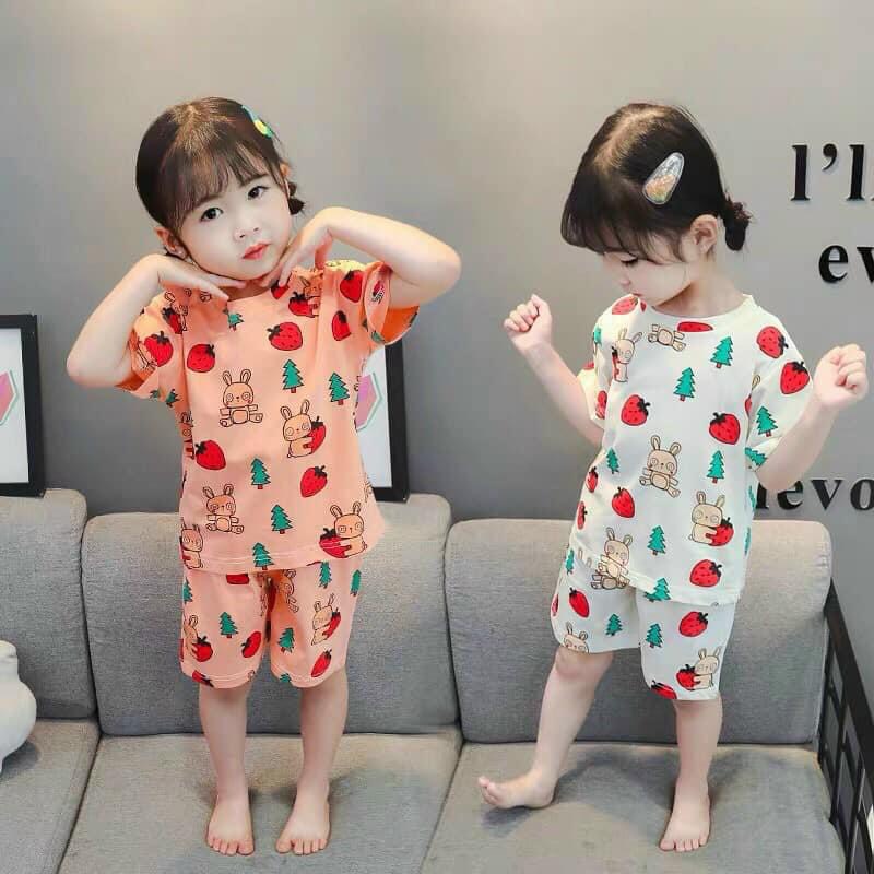 [MẪU MỚI] BỘ CỘC TAY CHẤT COTTON MỀM MÁT HỌA TIẾT THỎ DÂU SIÊU CƯNG CHO BÉ YÊU 6-18KG. XƯỞNG MAY BIBO