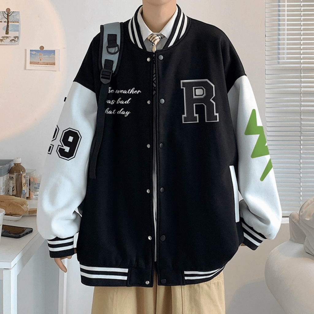Áo Khoác Nỉ Nam Form Rộng In Chữ R Phối Tia Sét Tay Chất Nỉ Pe Loại 1 Kiểu Dáng Bomber Phong Cách Bóng Chày Mặc Thoáng M