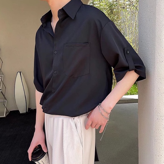 Áo Sơ Mi Lụa Lạnh Tay Ngắn Màu Trơn Dáng Ôm Phong Cách Hàn Quốc Thời Trang Cho Nam Simple Fashion áo sơ mi nam dài tay áo nam đẹp from rộng bông