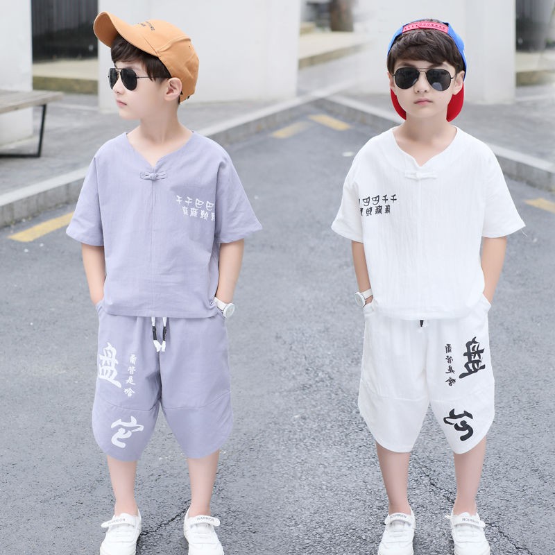 quần thun bé trai✔✧✢Bộ quần áo trẻ em nam thun ngắn tay, đồ mùa hè bé trai, nam, Hàn Quốc, cotton và lanh cho tr