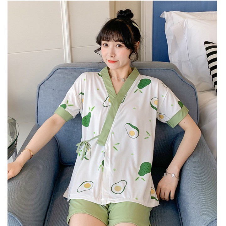 Bộ ngủ KIMONO nữ buộc chấm xanh - set đồ ngủ 3 chi tiết - Mono Boutique