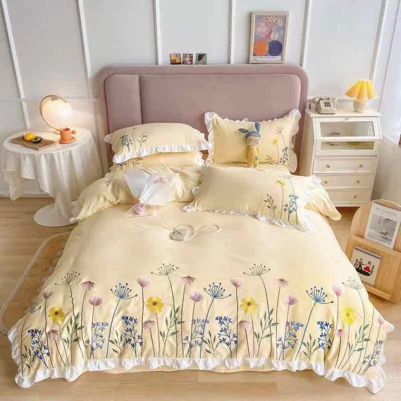 Bộ chăn ga gối cotton đũi bèo_Nhập Khẩu_Chăn ga gối sét 4 món viền bèo chất liệu mềm thoáng mát hoa thêu nổi sang trọng-