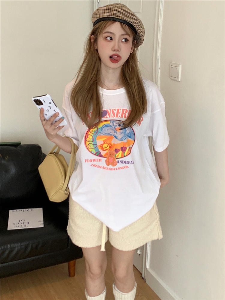 Áo Thun Dáng Rộng Ngắn Tay Cổ Tròn In Hình Gấu Và Chữ 50254 Hợp Mùa Hè