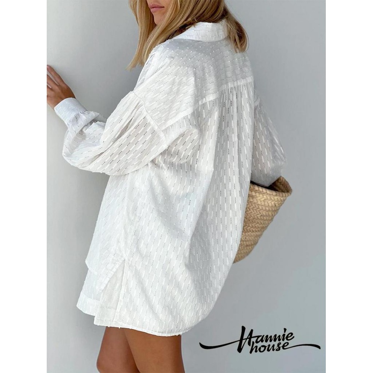 Set Đồ Mùa Hè 2 Món Gồm Áo Sơ Mi Cotton Tay Phồng Cài Nút + Quần Ngắn Ống Rộng Cho Nữ
